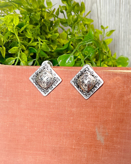 Western Square Engraved Stud Earrings