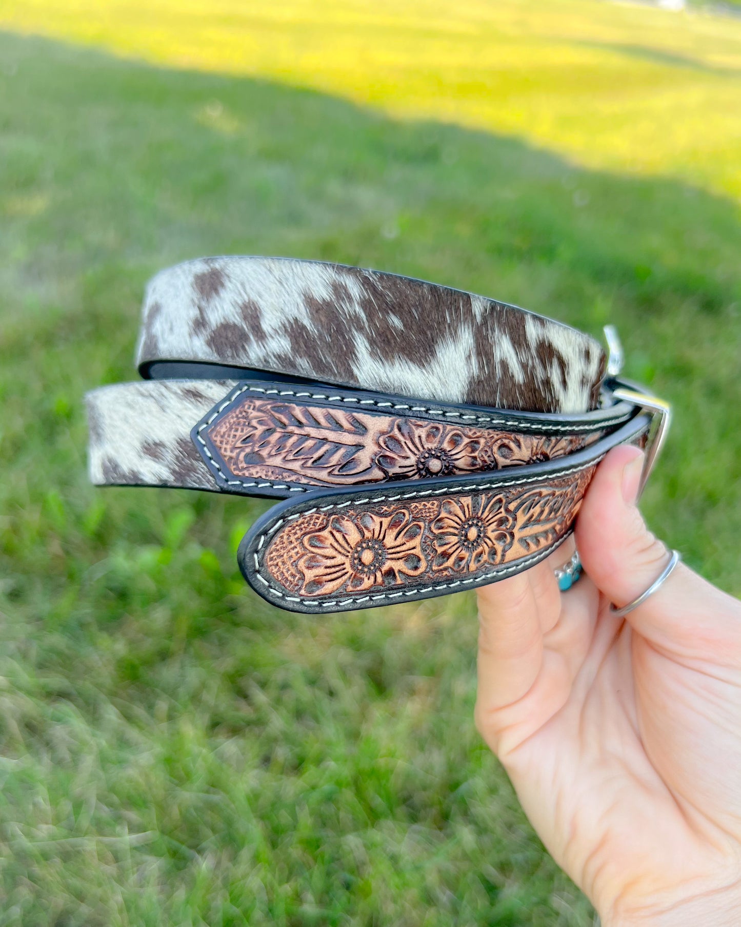 Dreamer Tooled Leather & Cowhide Western Belt