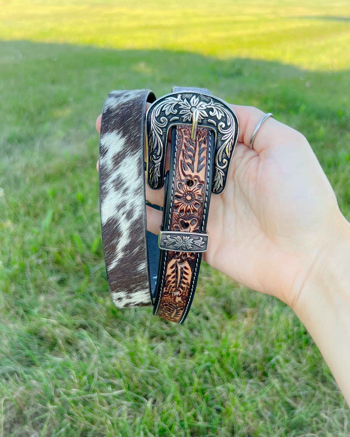 NWOT Western Cowhide Leather Belt with Cross accents highlighted by studs Size L Cato Fashions | Cato Plus Size Faux Cowhide Belt main image 3