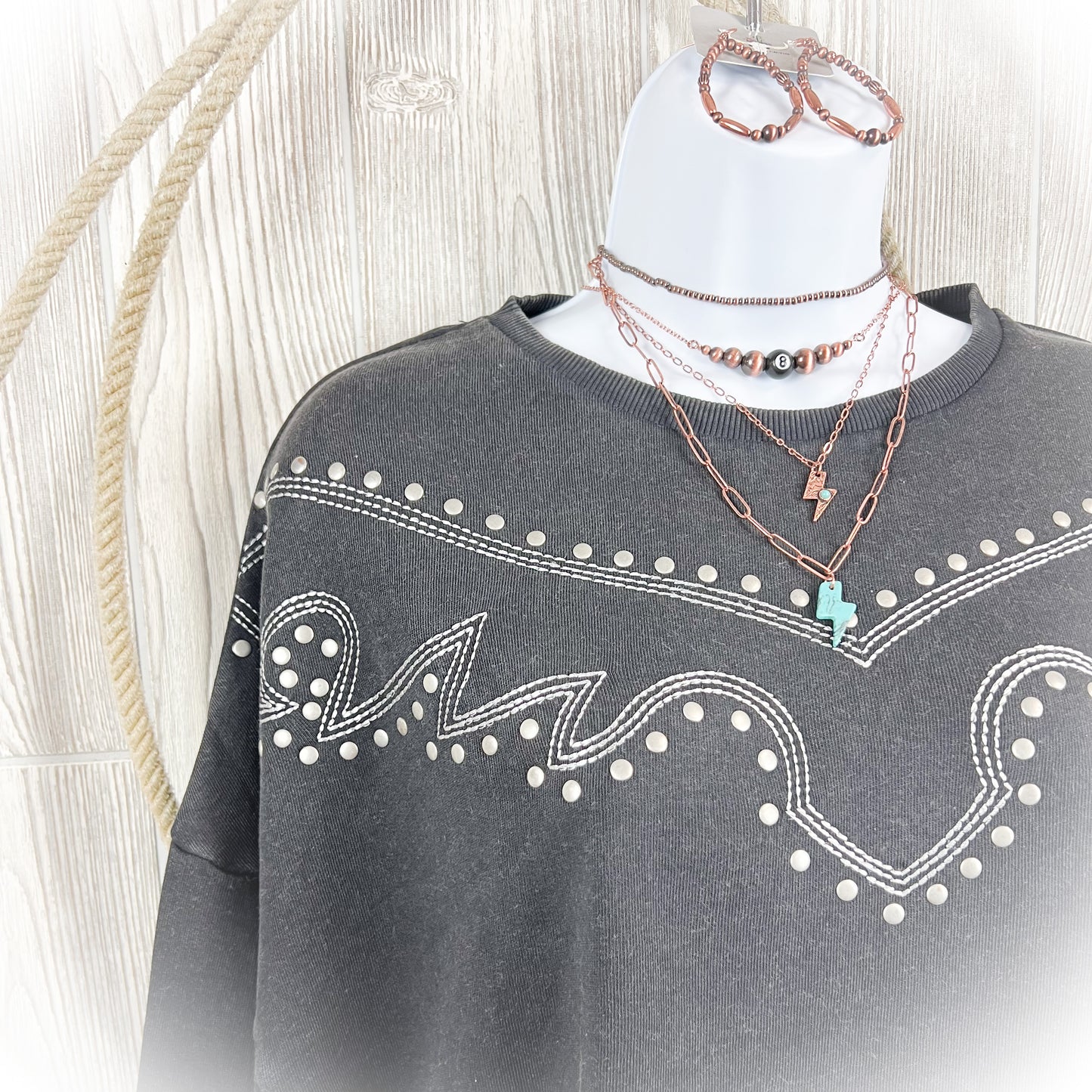 Western Studded Boot Stitch Cropped Crewneck Sweater
