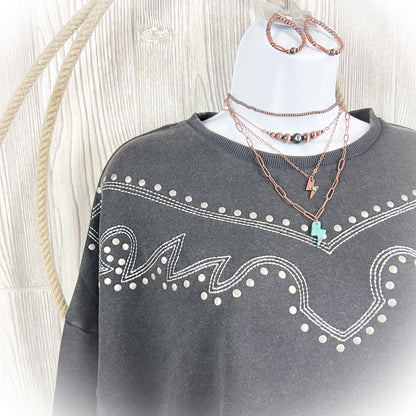 Western Studded Boot Stitch Cropped Crewneck Sweater