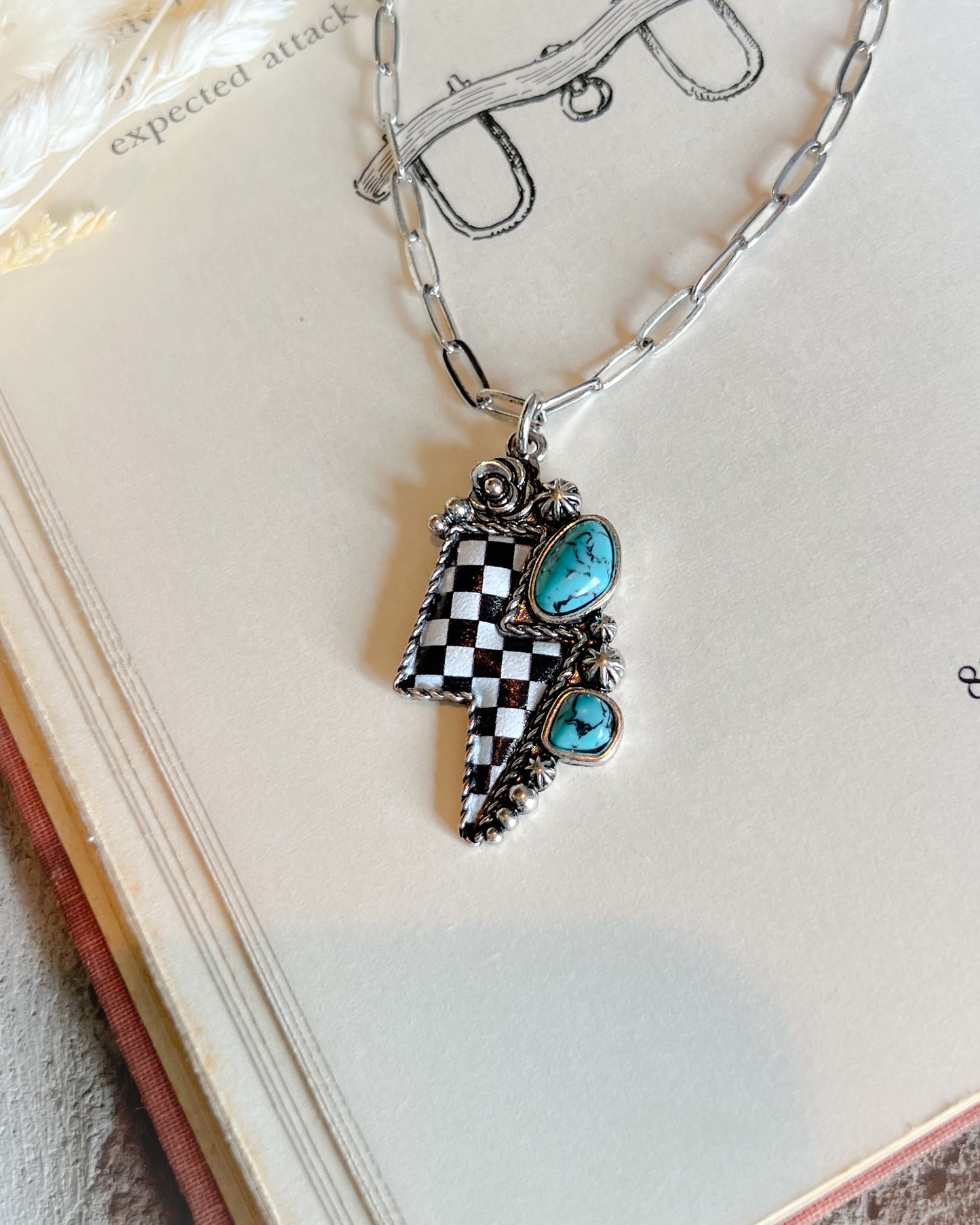 Western Checkered Lightning Bolt Necklace