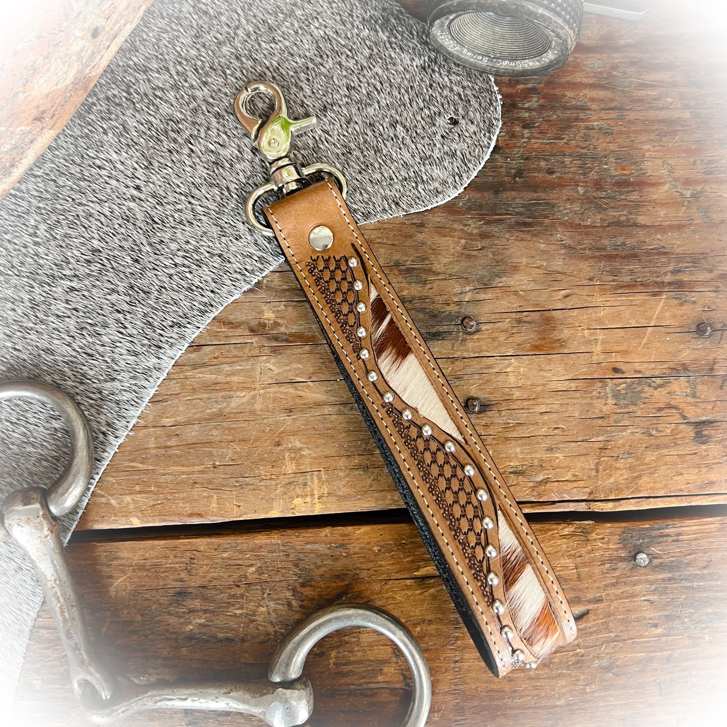 Crow-Hop Western Tooled Leather & Cowhide Keychain