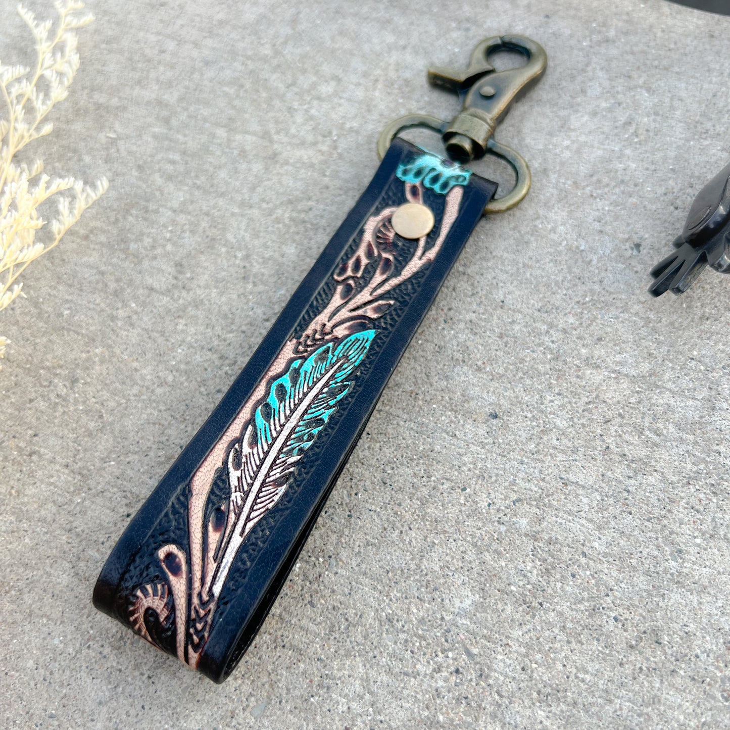 Canyon Feather Tooled Leather Keychain
