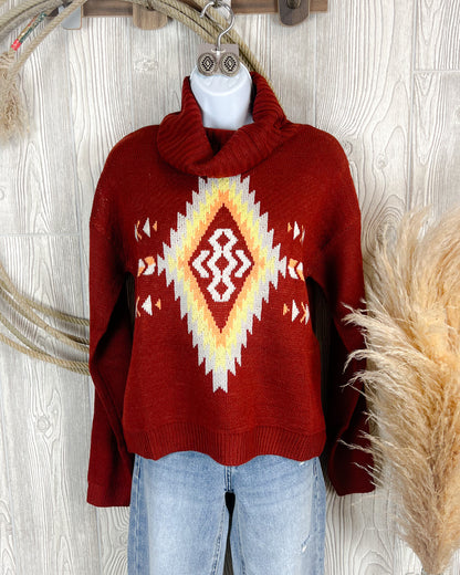 Aztec Turtleneck Sweater - Wine