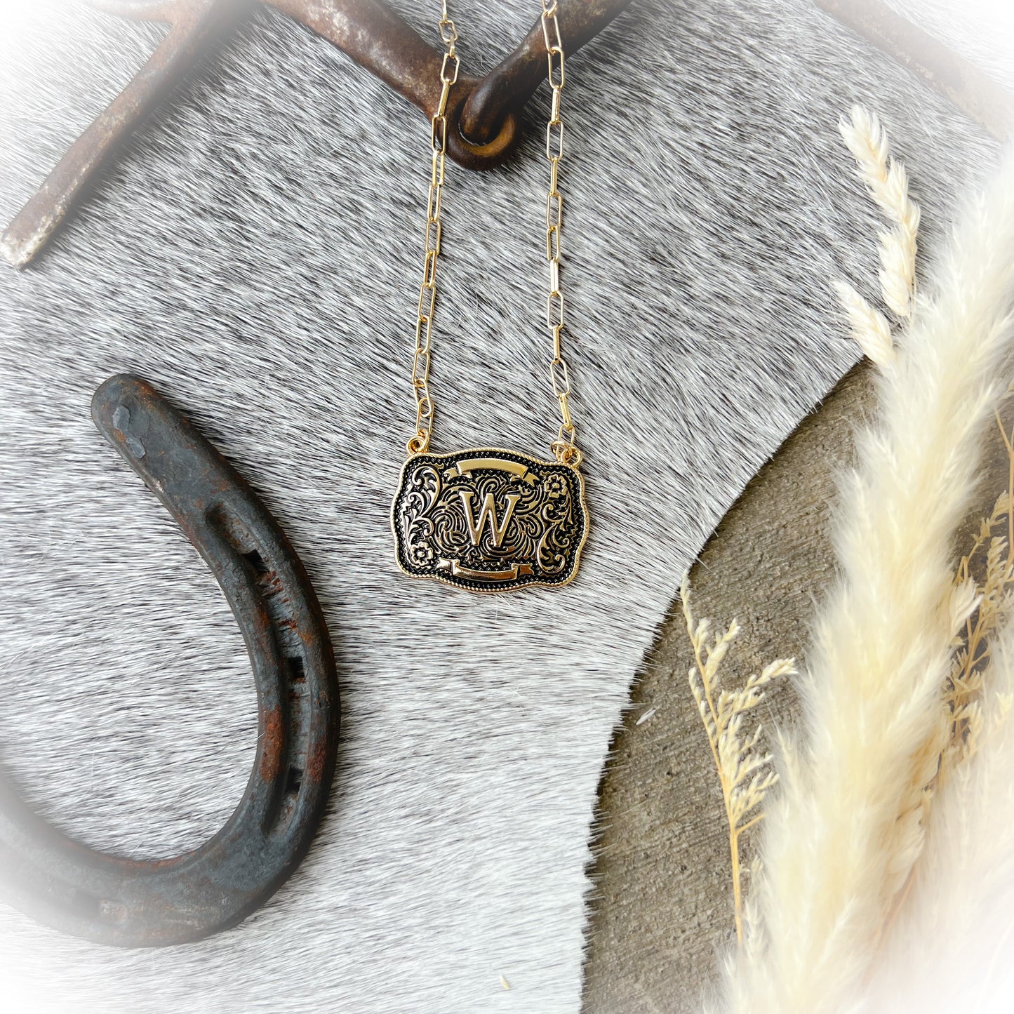 Western Buckle Initial Necklace - Antique Gold