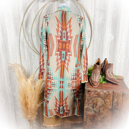 Fall Turquoise Canyon Aztec Duster Sweater Cardigan