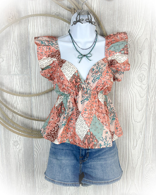 Patchwork Print Flutter Top
