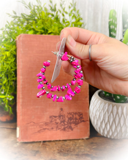 Western Chip Stone Semi Hoop Earrings - Hot Pink