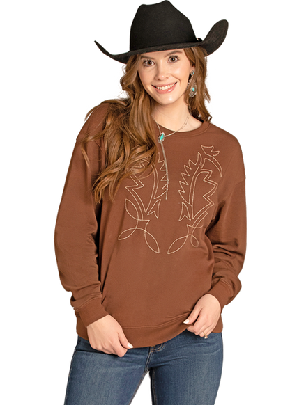 Bareback Jack Western Boot Stitch Crewneck Sweatshirt - Brown