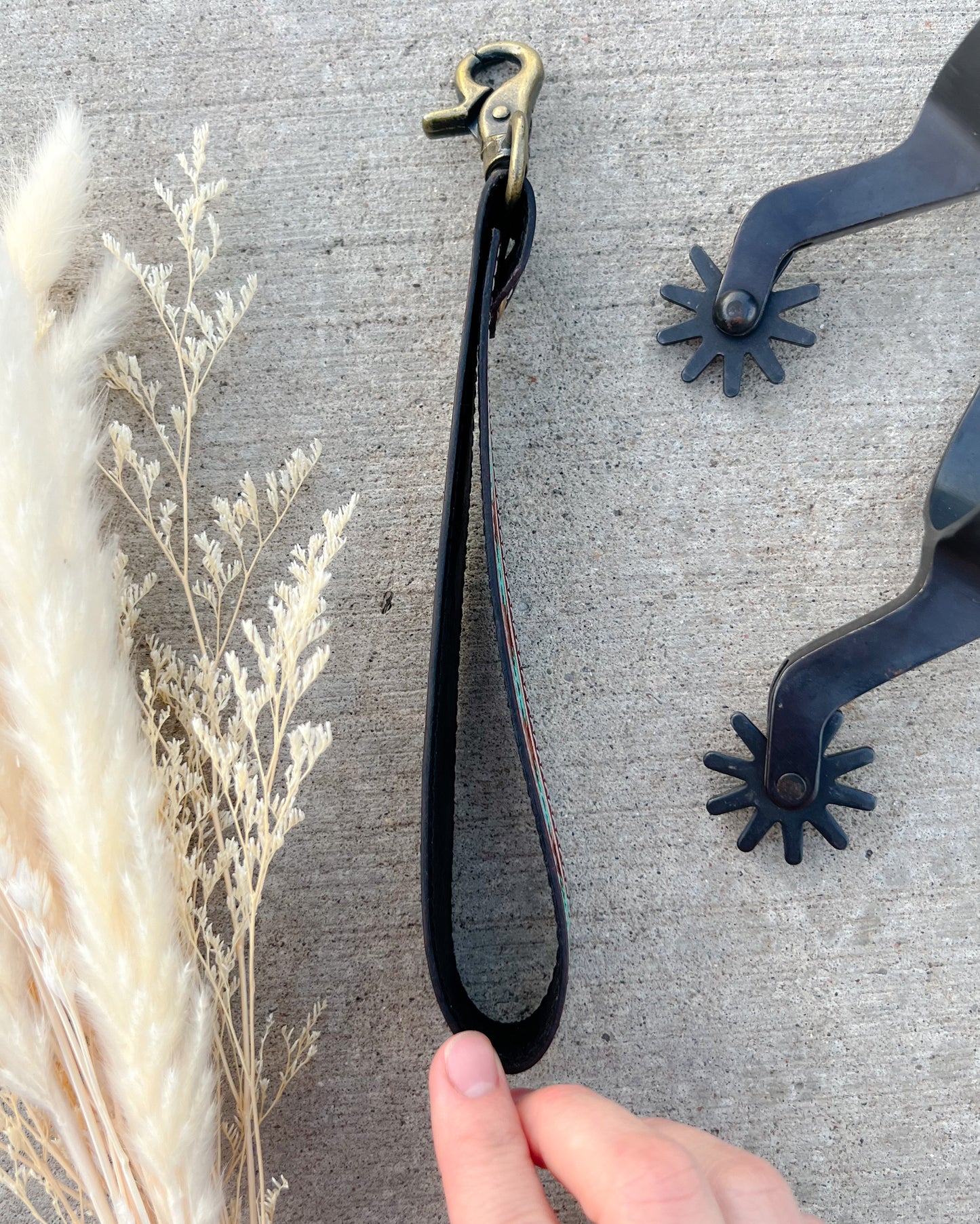 Southwest Teal Tooled Leather Western Keychain