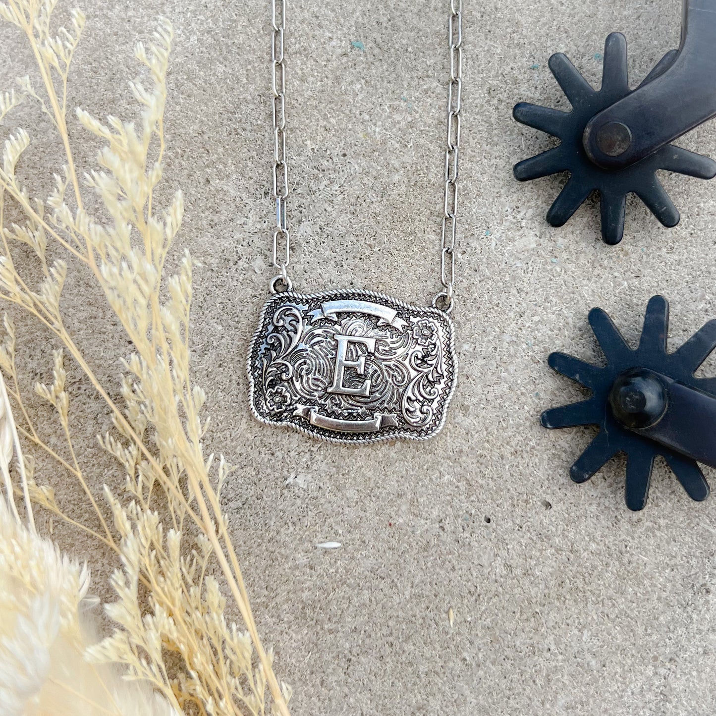 Western Buckle Initial Necklace – Bold Letter Pendant on Paperclip Chain