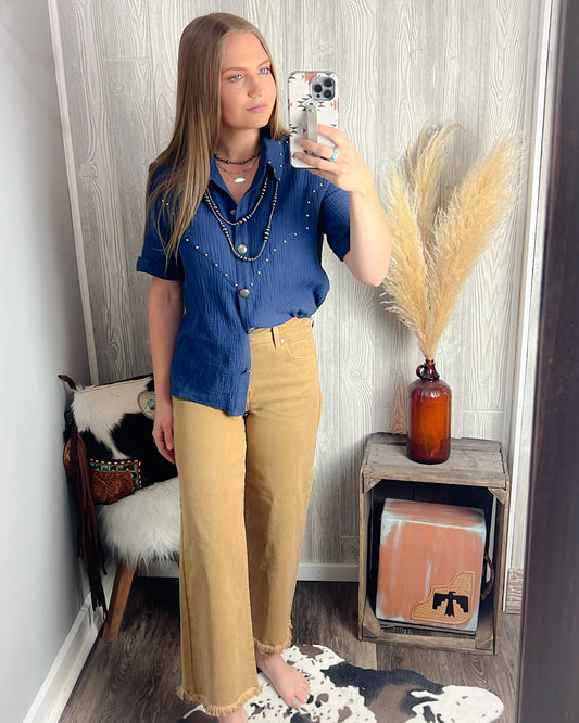 Midnight Rodeo Studded Button Top – Navy