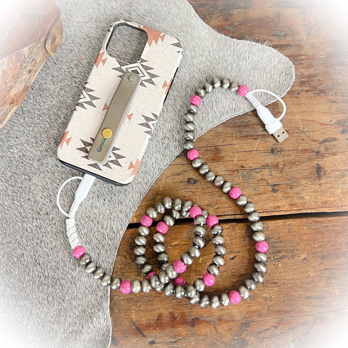 Pink & Navajo Style Pearl Beaded Western Charging Cord