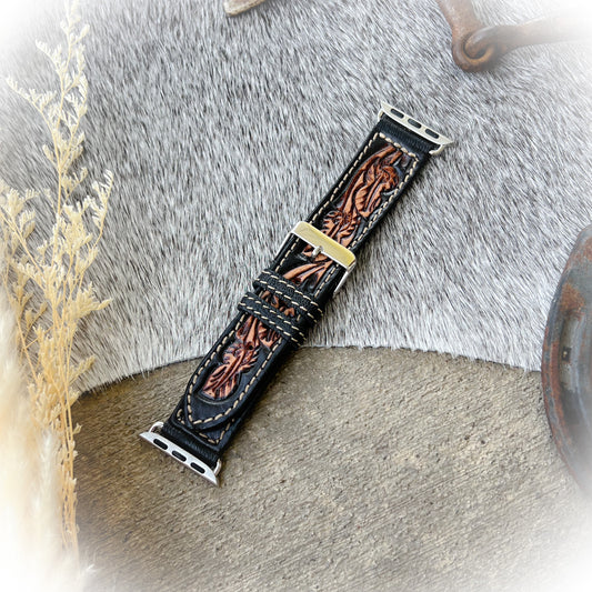 Western Tooled Leather Watch Band – Black & Brown (38mm–40mm)