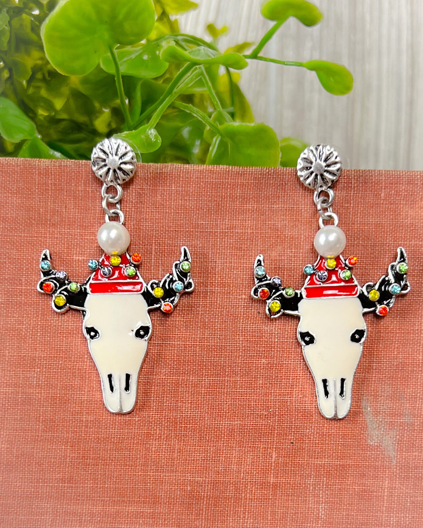 Christmas Steer Bull Skull Earrings