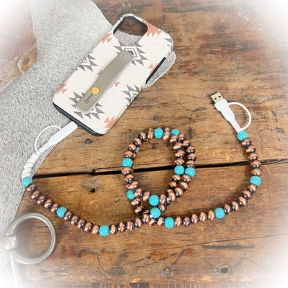 Bronze & Turquoise Western Boho Beaded Phone Charger