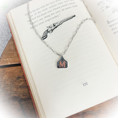 Small Western Cow-Tag Initial Necklace - Silver & Copper