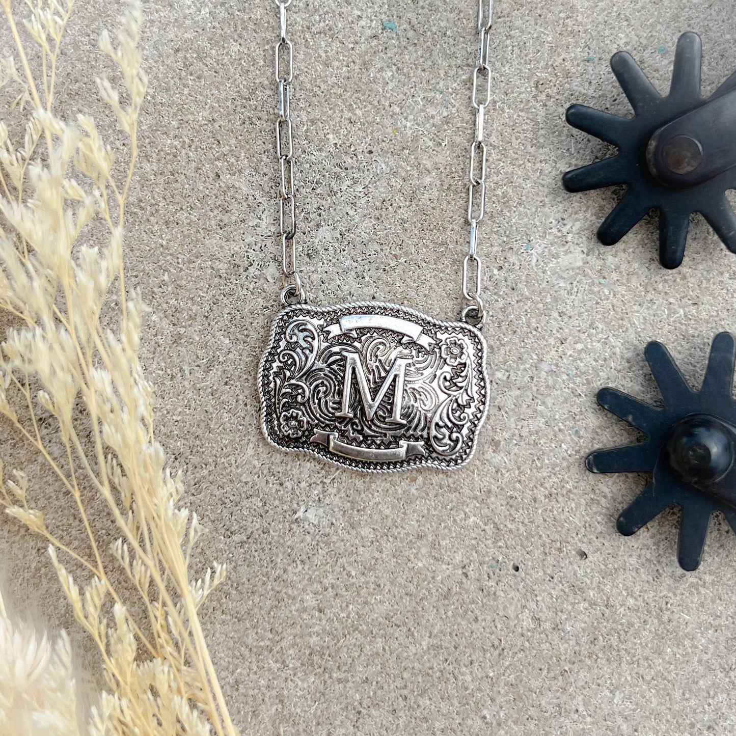 Western Buckle Initial Necklace – Bold Letter Pendant on Paperclip Chain