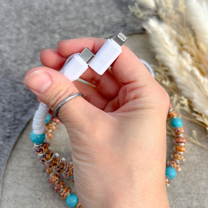 Cheetah Print & Turquoise Beaded Charging Cord
