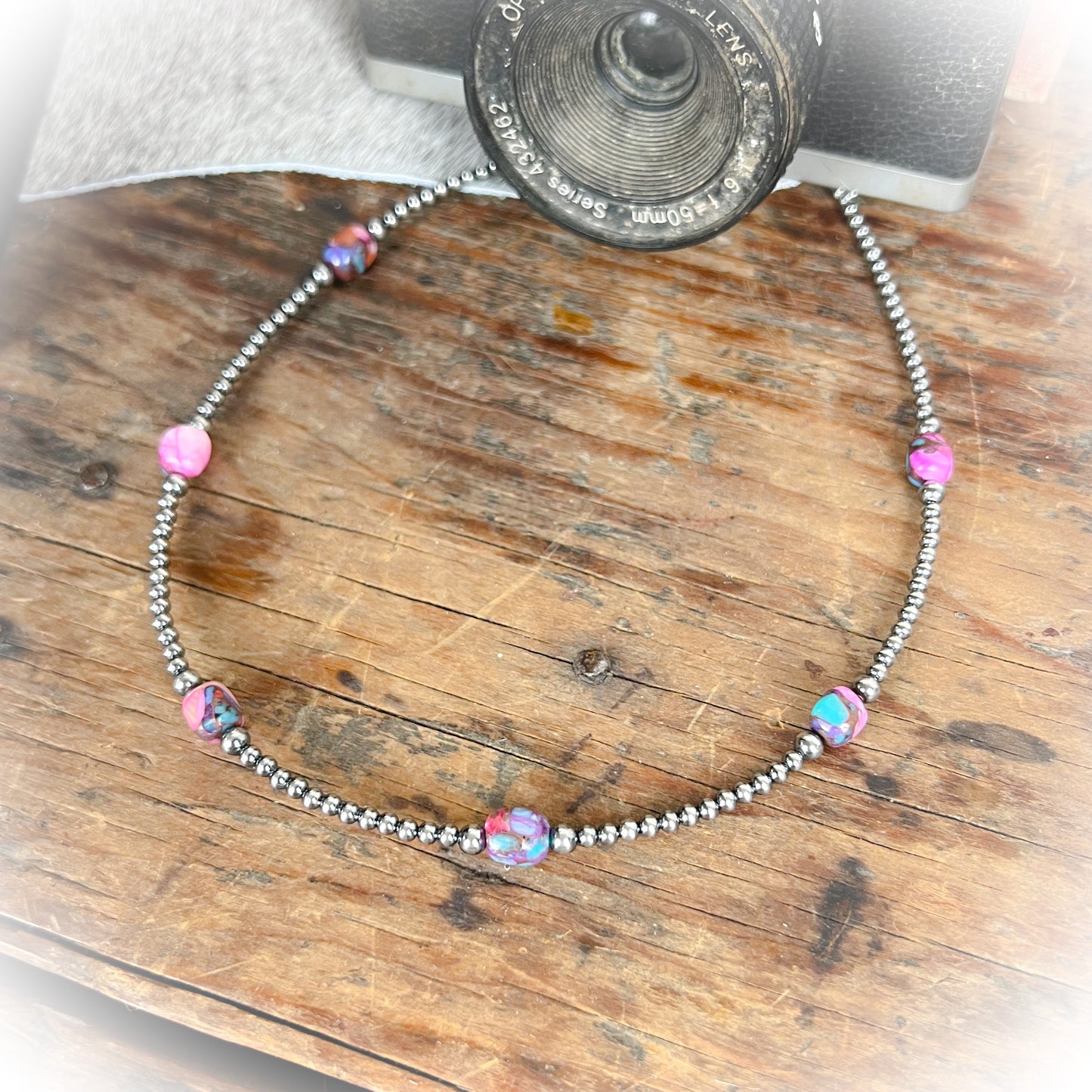 Tillie Pink Dyed Turquoise & Sterling Silver Pearl Choker Necklace