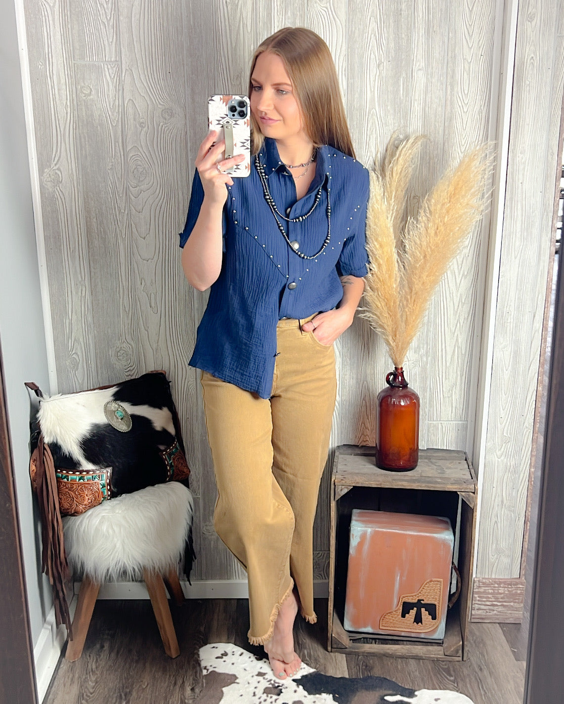 Midnight Rodeo Studded Button Top – Navy
