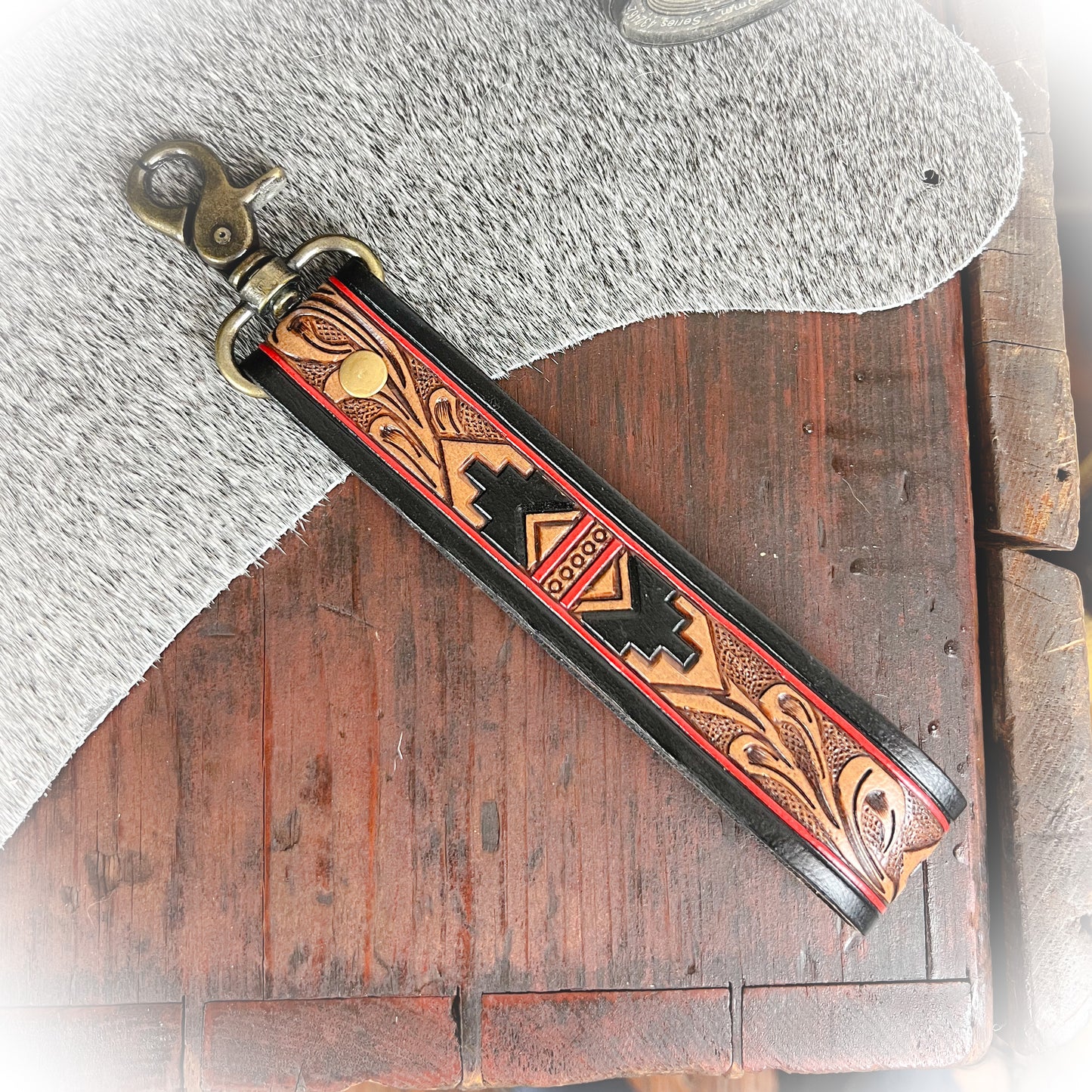 Dusty Trail Tooled Leather Keychain - Red & Black