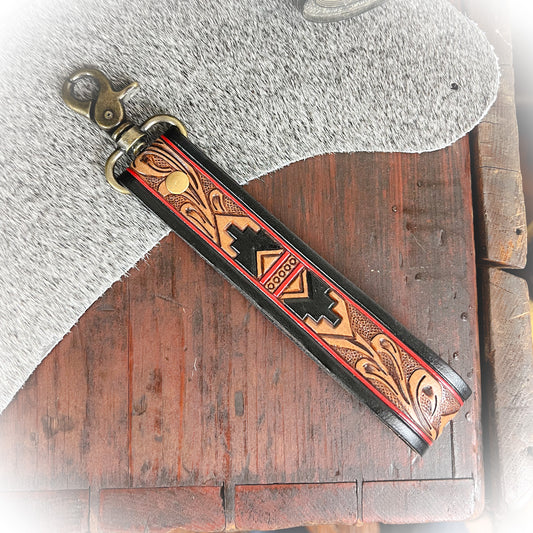Dusty Trail Tooled Leather Keychain - Red & Black