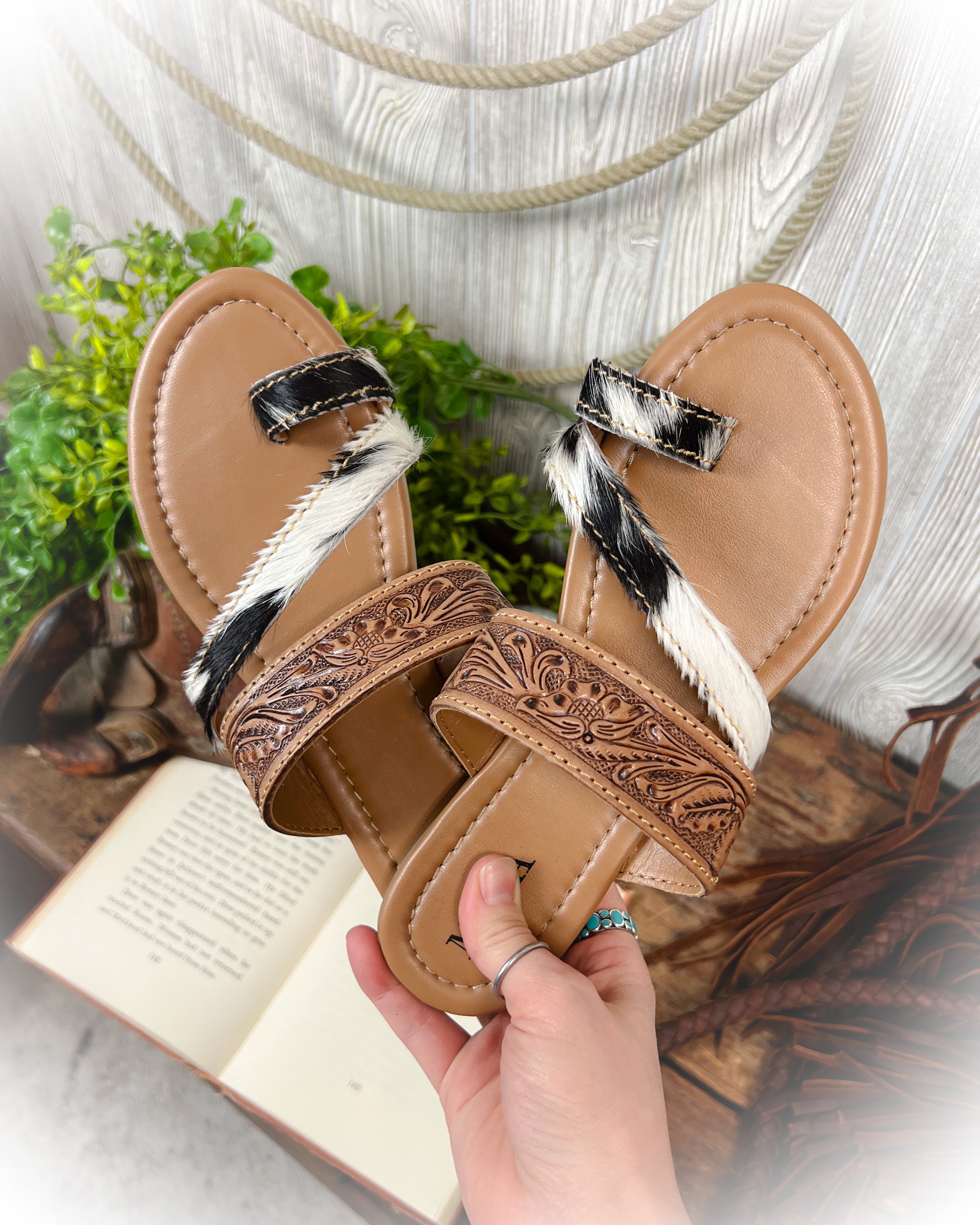 Tooled Leather & Cowhide Sandals – Western Style Shoes – Punchy Cactus ...