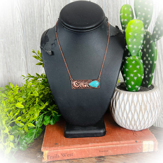 Turquoise Stone Bar Necklace - Bronze