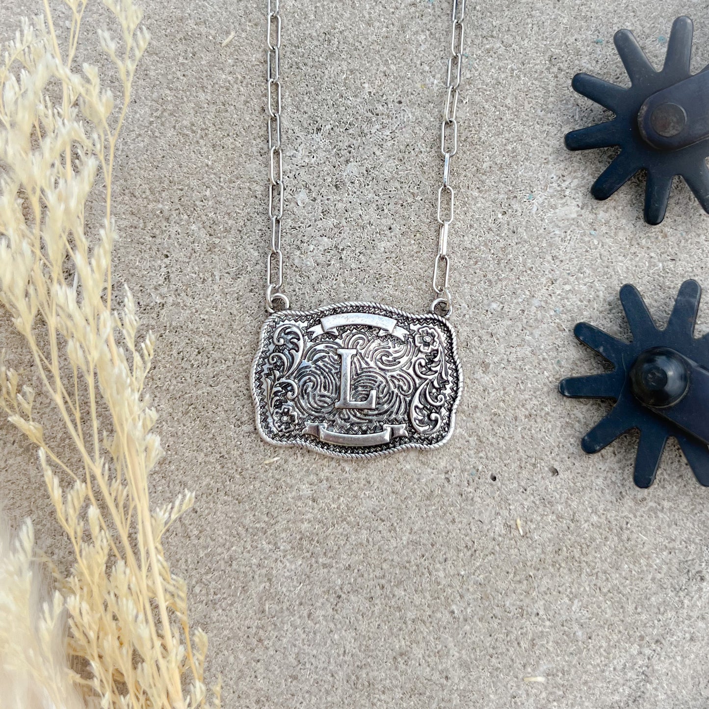Western Buckle Initial Necklace – Bold Letter Pendant on Paperclip Chain