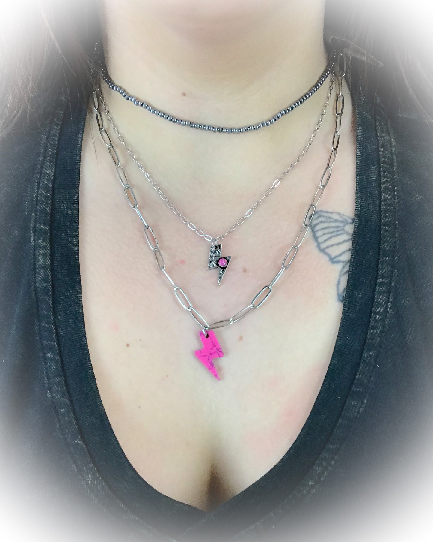 Lightning Bolt Layered Necklace - Hot Pink