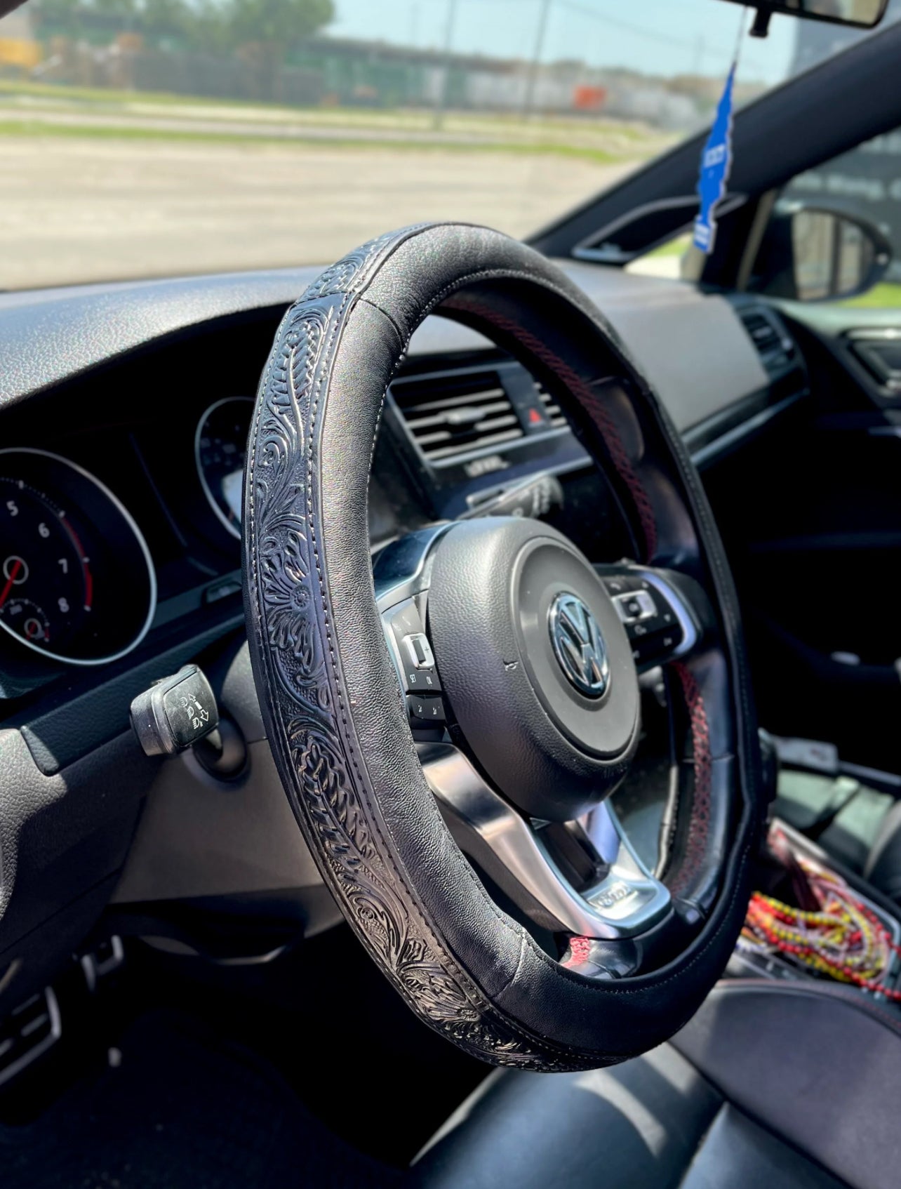 Moody Black Western Floral Steering Wheel Cover - Tooled Leather