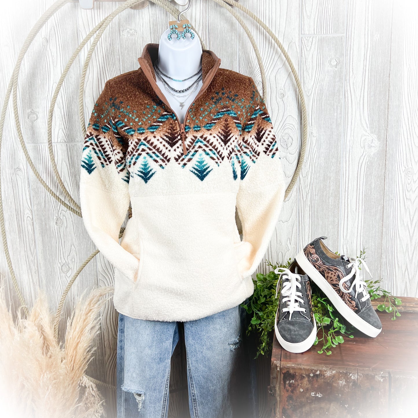 Western Berber Quarter-Zip Pullover – Bordered Cowgirl Style