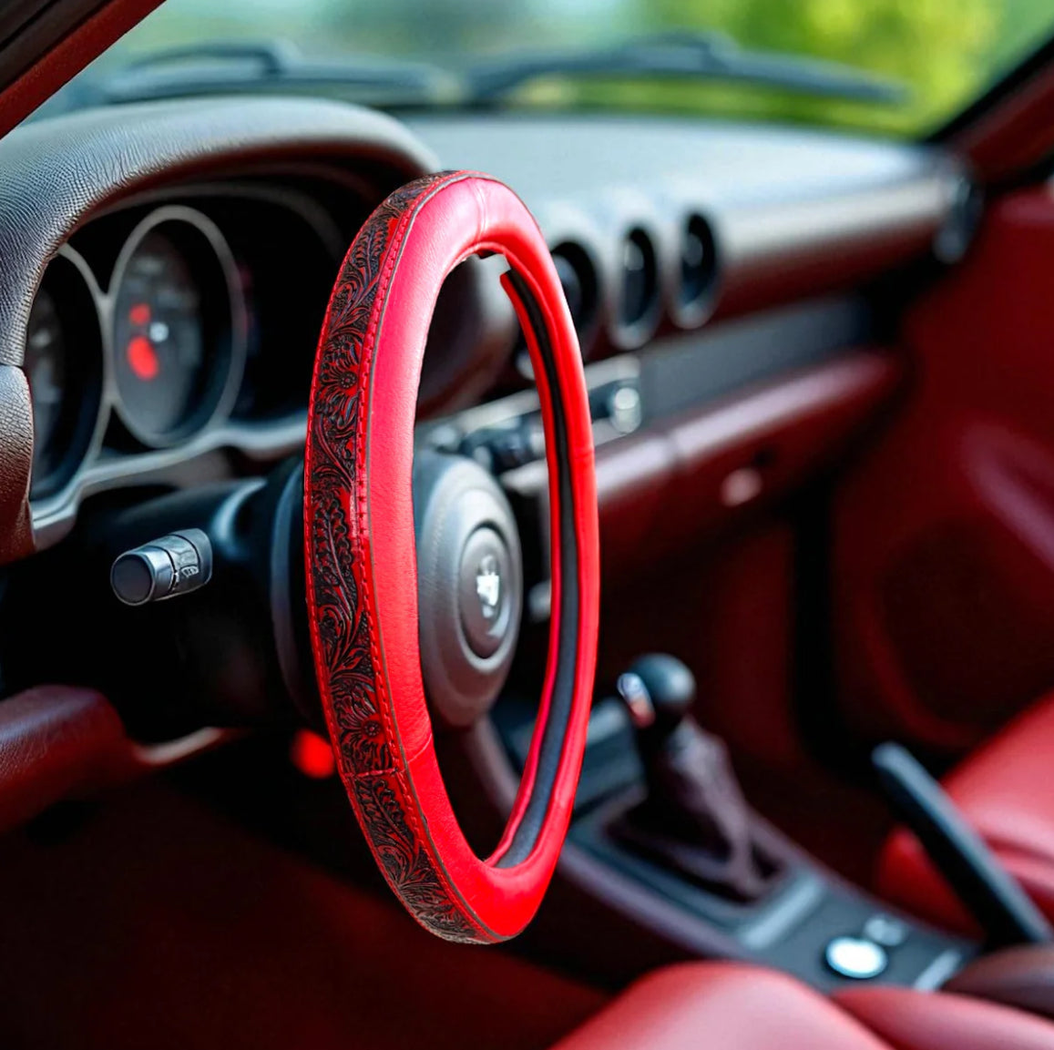 Western Red Tooled Leather Steering Wheel Cover