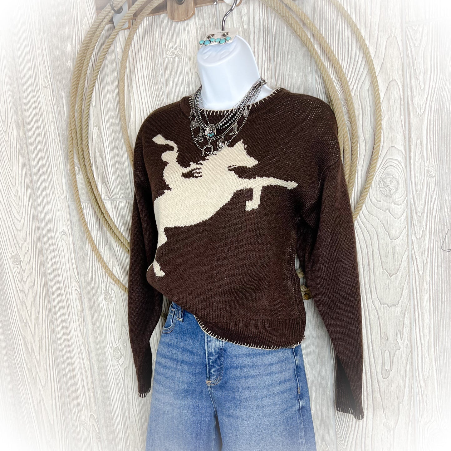 Cowboy Take Me Away Sweater - Dark Brown - Western
