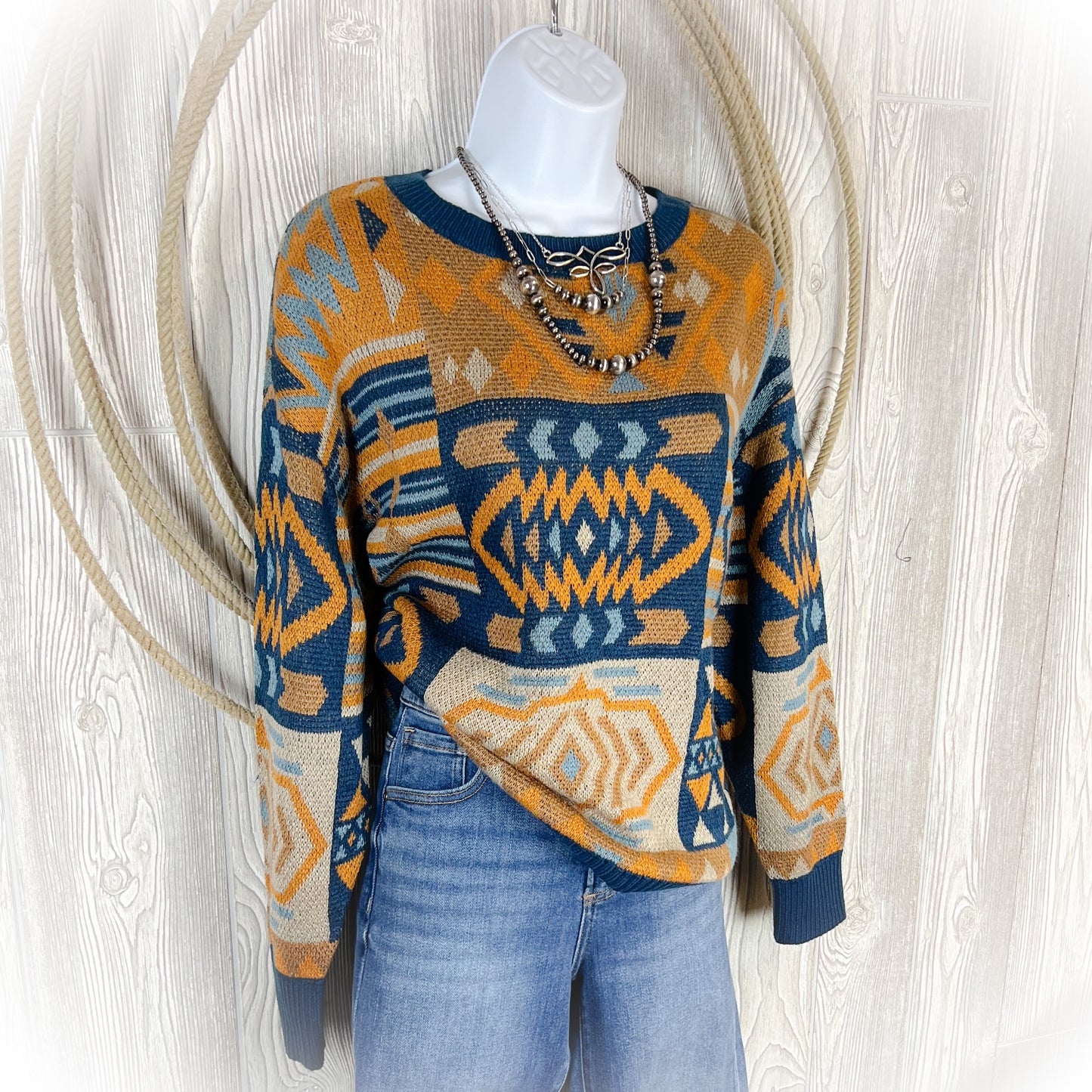 Grandma’s Sweater But Cuter | Oversized Western Aztec Sweater – Navy