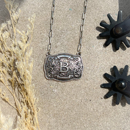 Western Buckle Initial Necklace – Bold Letter Pendant on Paperclip Chain