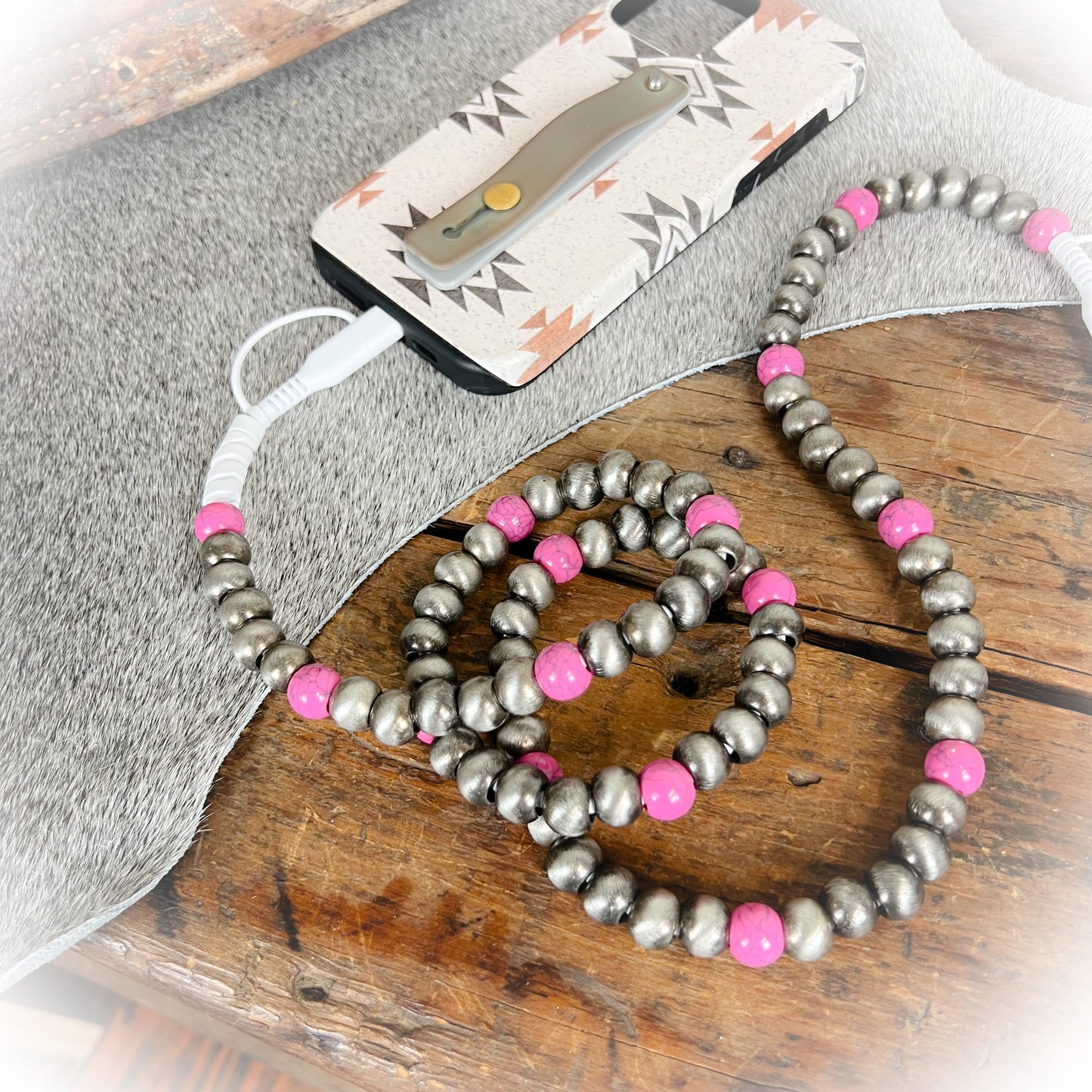 Pink & Navajo Style Pearl Beaded Western Charging Cord
