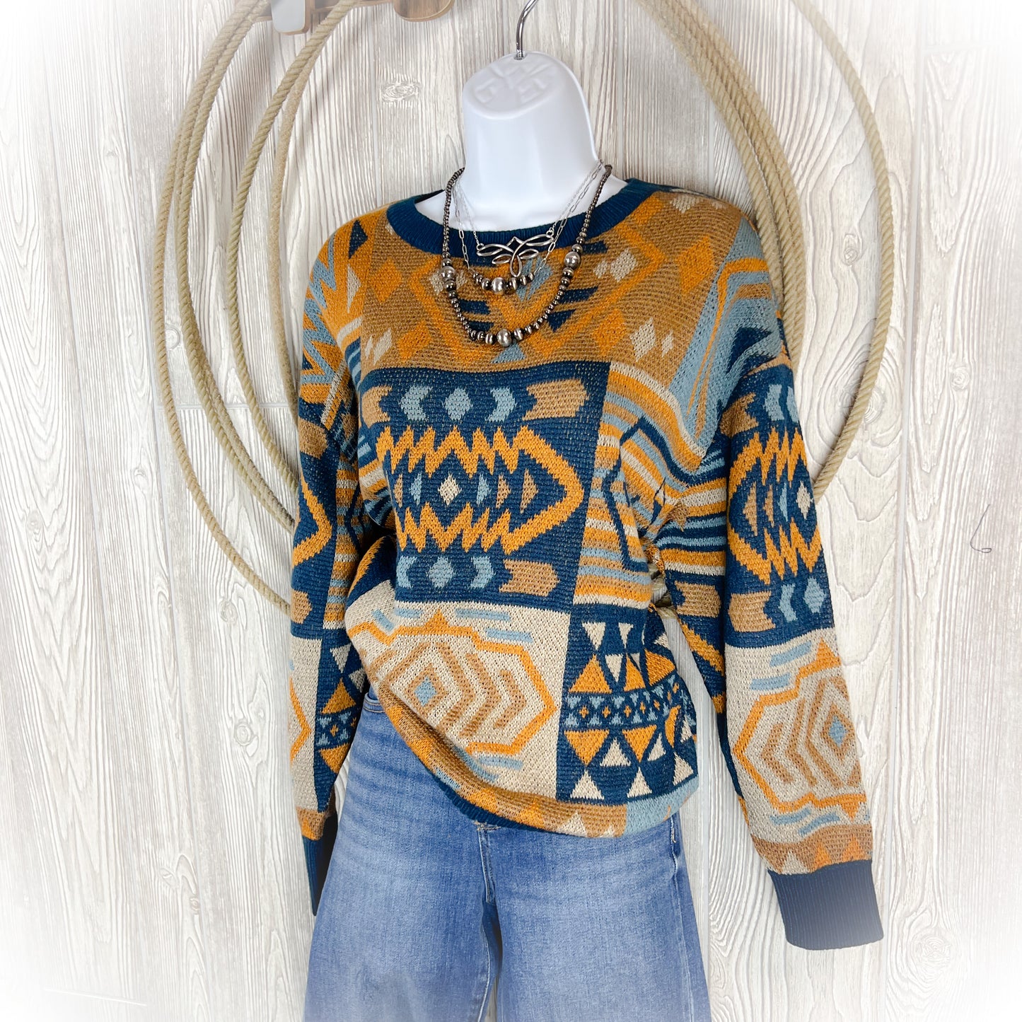 Grandma’s Sweater But Cuter | Oversized Western Aztec Sweater – Navy