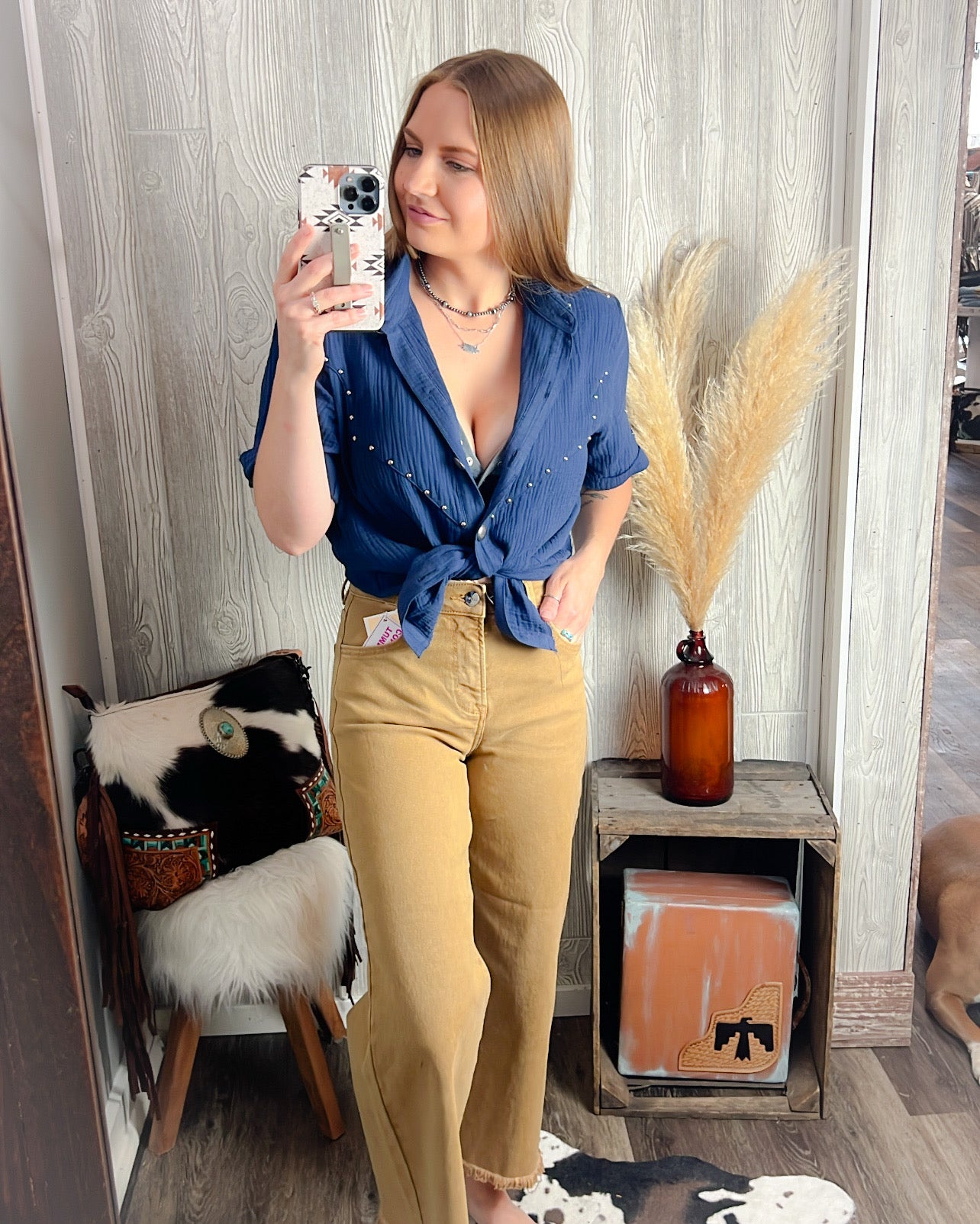 Midnight Rodeo Studded Button Top – Navy