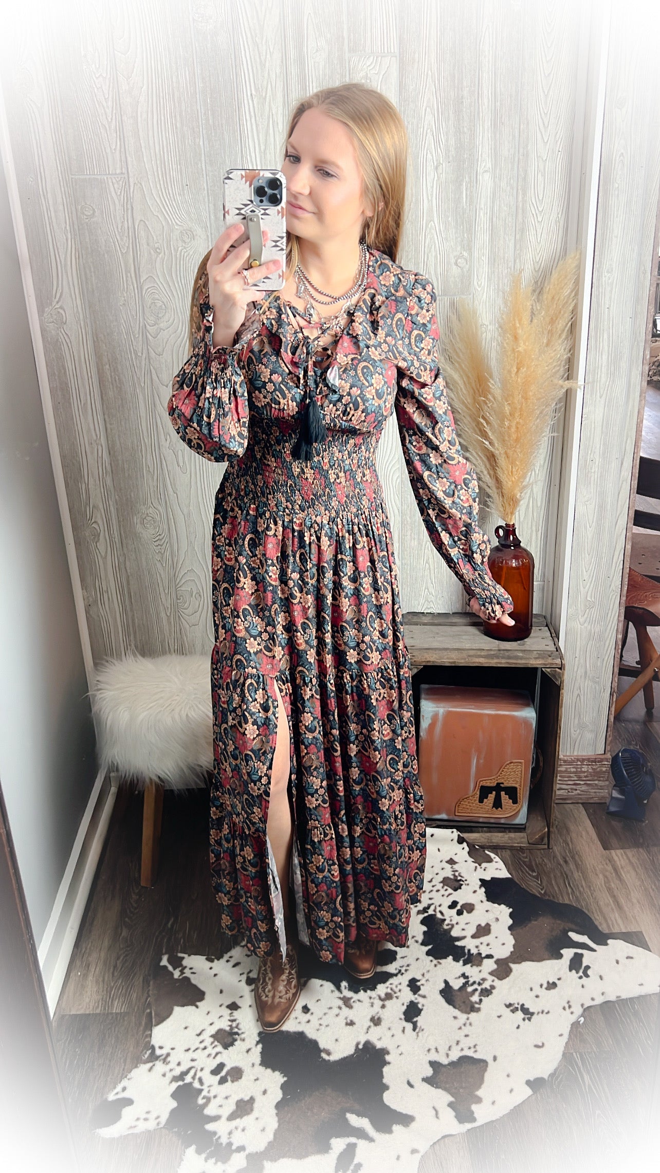 Navy Floral Horseshoe Western Dress
