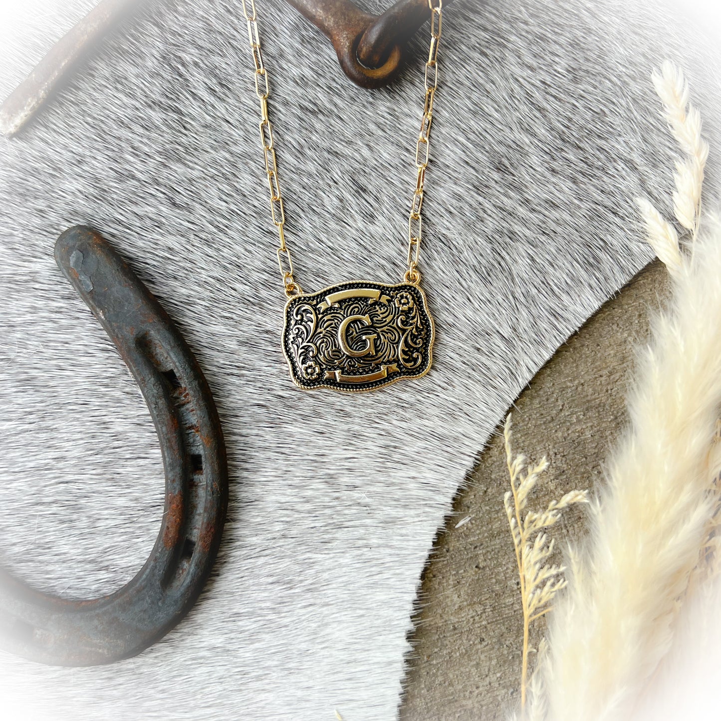 Western Buckle Initial Necklace - Antique Gold