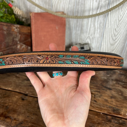 Turquoise Feather Tooled Leather Western Steering Wheel Cover