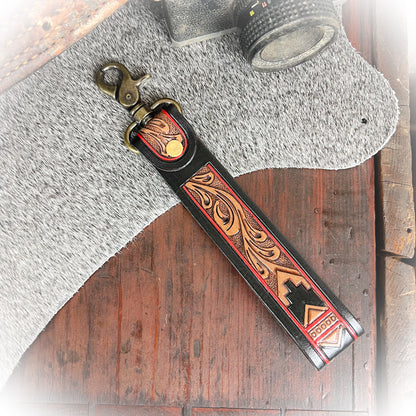 Dusty Trail Tooled Leather Keychain - Red & Black