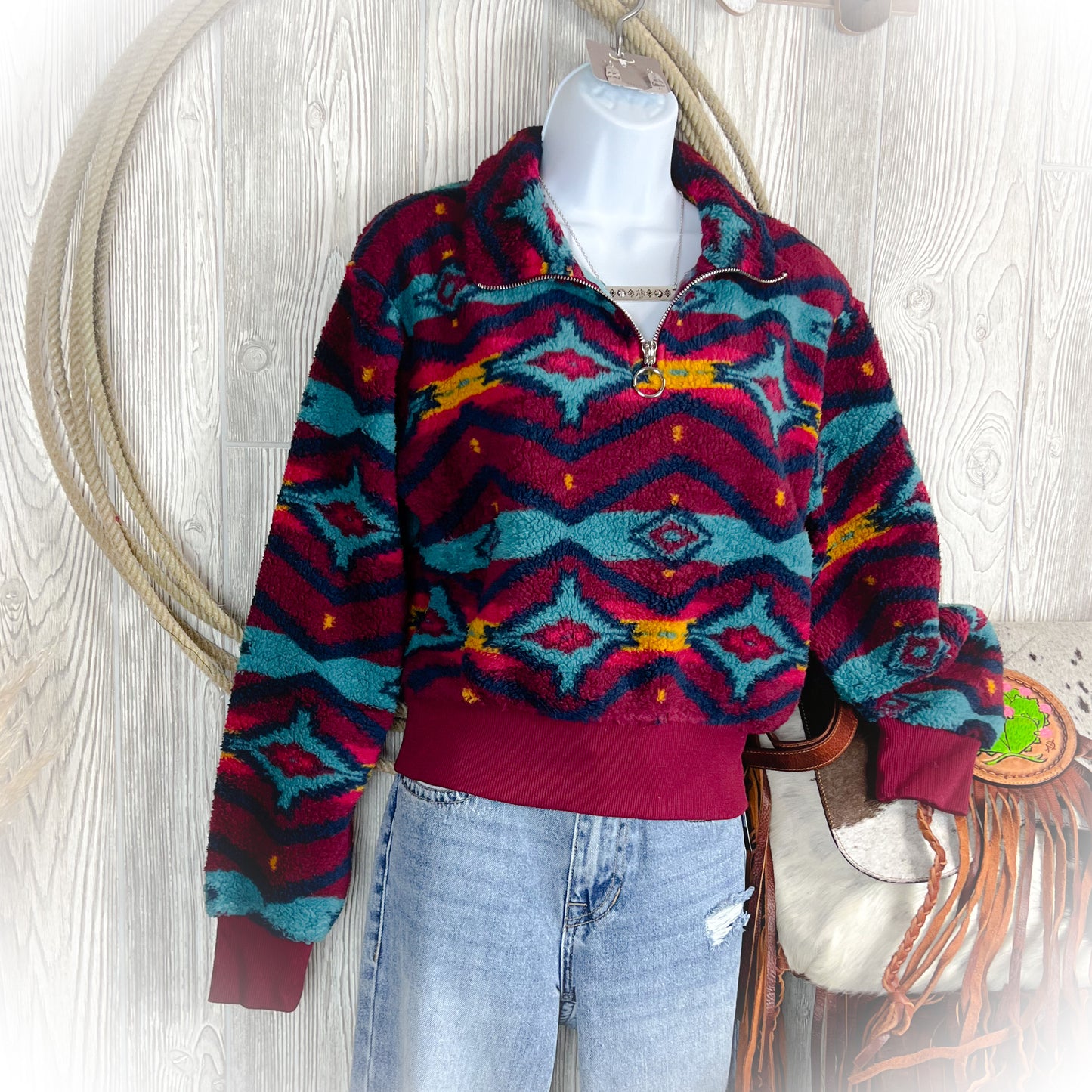 Aztec Sherpa Quarter Zip Sweater - Burgandy