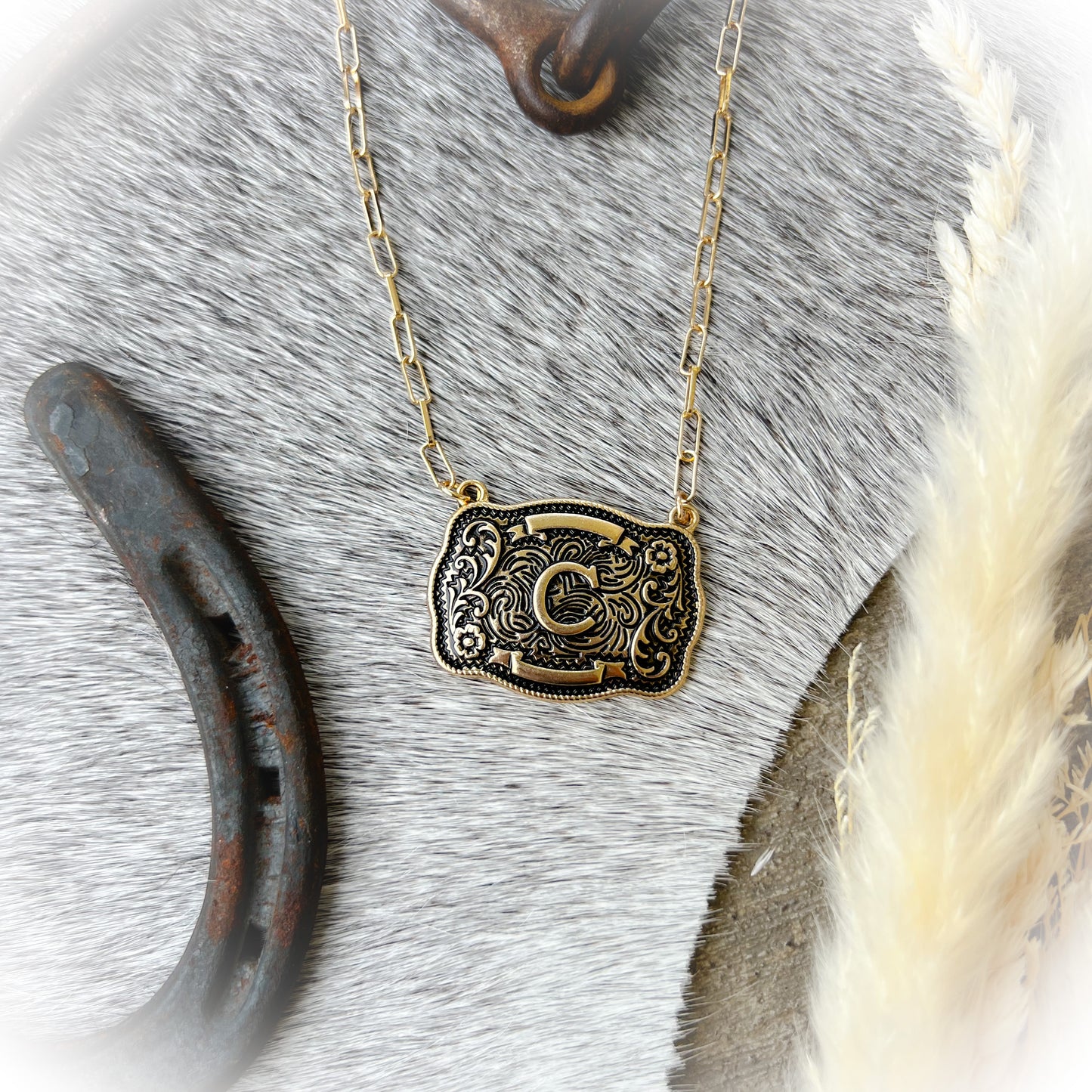 Western Buckle Initial Necklace - Antique Gold