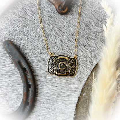 Western Buckle Initial Necklace - Antique Gold