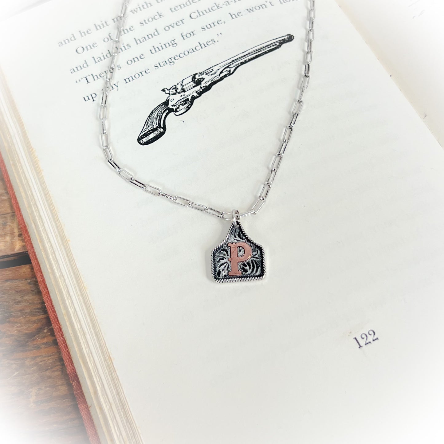 Small Western Cow-Tag Initial Necklace - Silver & Copper