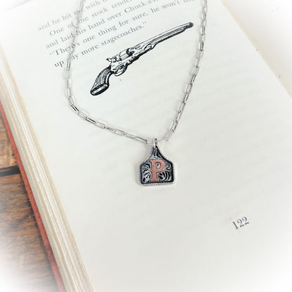 Small Western Cow-Tag Initial Necklace - Silver & Copper